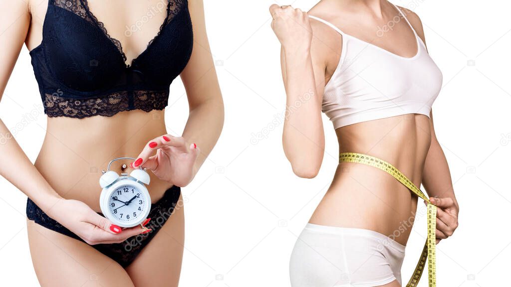 Collage of woman with measuring tape slimming with time regime.