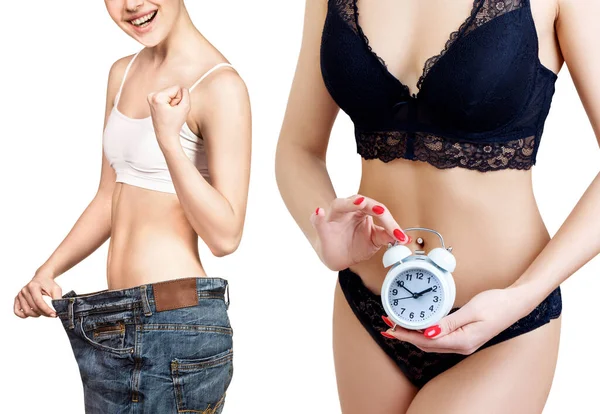 Collage de mujer con reloj y mujer en jeans grandes . —  Fotos de Stock