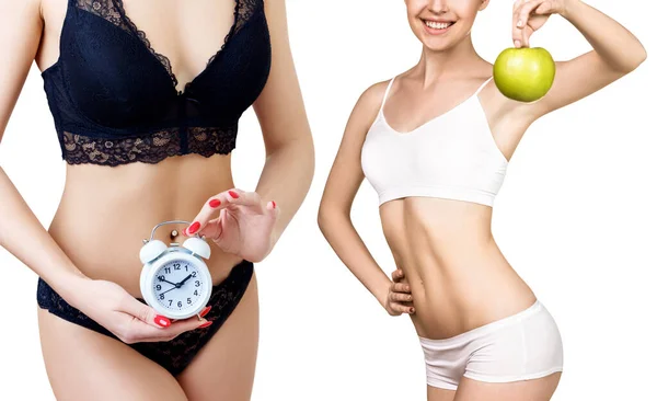 Collage de mujer sostiene reloj y mujer con manzana . — Foto de Stock