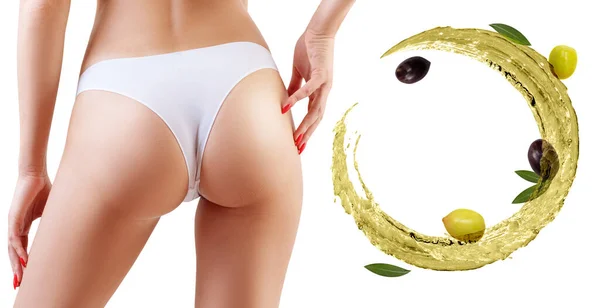 女性臀部接近橄榄油循环。瘦身的概念. — 图库照片