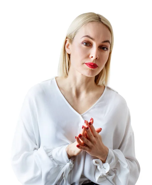Portrait of beautiful serious adult woman in white blouse. — Stock Photo, Image