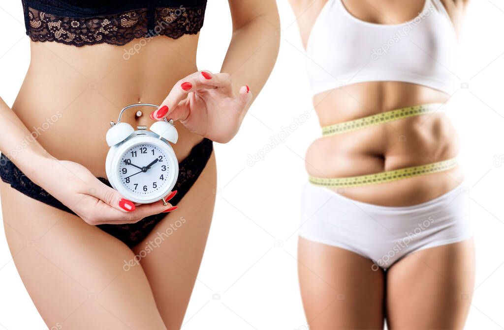 Collage of woman with measuring tape slimming with time regime.