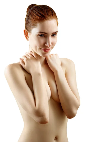 Portrait of lovely naked redhead woman covering her breast. — Stock Photo, Image