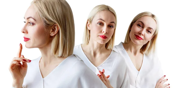 Collage van mooie volwassen zakenvrouw in witte blouse. — Stockfoto