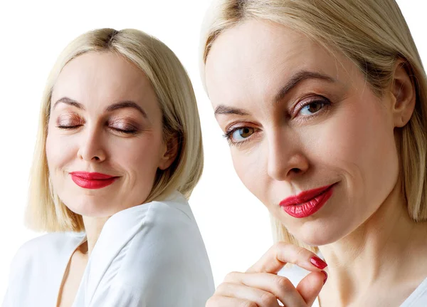 Collage of beautiful adult business woman in white blouse. — Stock Photo, Image