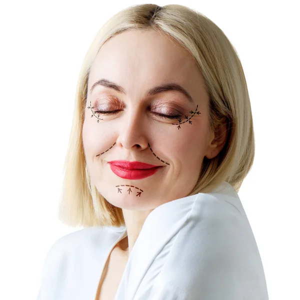Grafické linie ukazuje zvedání obličeje účinek na kůži krásné ženy. — Stock fotografie