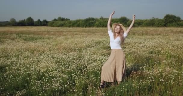 Schöne glückliche Frau im Kamillenfeld — Stockvideo