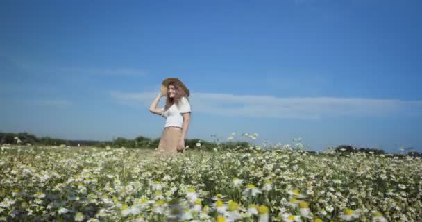 Woman dancing in a field of chamomiles — Stock Video