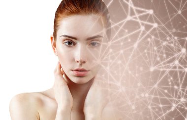 Genç kadın ve ışıldayan noktalar ve çizgiler