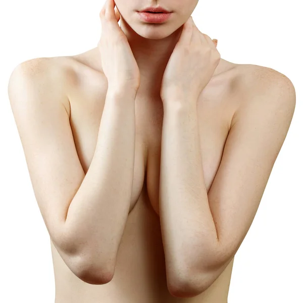 Beautiful naked women is covering her breasts. — Stock Photo, Image