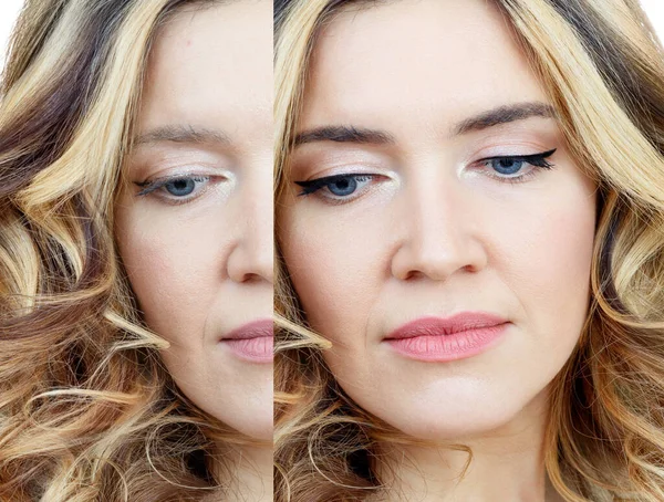 Comparison portrait of adult woman with and without makeup. Stock Picture