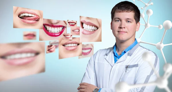 Dentist doctor presents collage of healthy beautiful smiles. Stock Photo