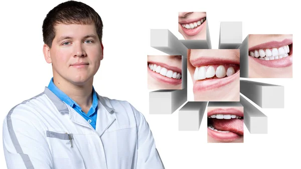 Dentist doctor presents collage of healthy beautiful smiles. Stock Photo