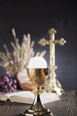 İlk Komünyon Tema. Çapraz, Holy Bible, tespih ve altın chalice. Hıristiyanlığın ekmek ve üzüm sembolleri.