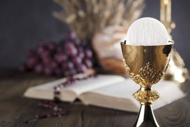 İlk Komünyon Tema. Çapraz, Holy Bible, tespih ve altın chalice. Hıristiyanlığın ekmek ve üzüm sembolleri.