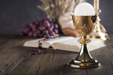 İlk Komünyon Tema. Çapraz, Holy Bible, tespih ve altın chalice. Hıristiyanlığın ekmek ve üzüm sembolleri.