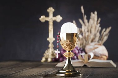 İlk Komünyon Tema. Çapraz, Holy Bible, tespih ve altın chalice. Hıristiyanlığın ekmek ve üzüm sembolleri.