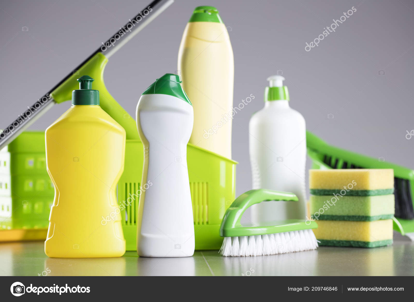House Office Cleaning Theme Set Colorful Cleaning Products Gray Background  Stock Photo by ©zolnierek 209747908