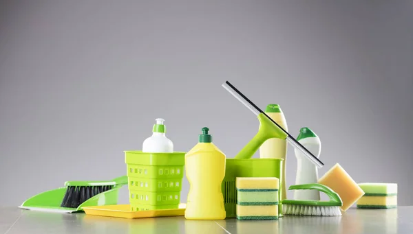 House Office Cleaning Theme Set Colorful Cleaning Products Gray Background  Stock Photo by ©zolnierek 209745874