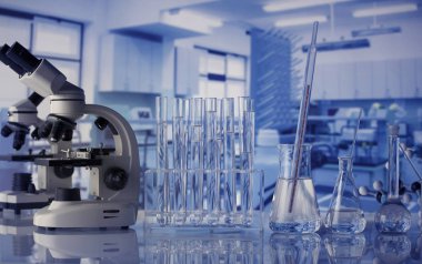 Modern bilimsel laboratuarı iç. Laboratuvar cam ve cam masa mikroskobunun.