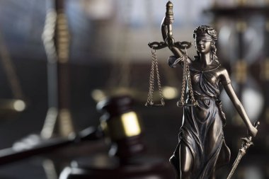 Eski üniversite kütüphanesi hukuk sembolleri. Kitaplar, tokmak, ölçek, adalet heykeli.