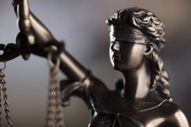 Eski üniversite kütüphanesi hukuk sembolleri. Kitaplar, tokmak, ölçek, adalet heykeli.