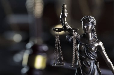 Eski üniversite kütüphanesi hukuk sembolleri. Kitaplar, tokmak, ölçek, adalet heykeli.