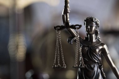 Eski üniversite kütüphanesi hukuk sembolleri. Kitaplar, tokmak, ölçek, adalet heykeli.