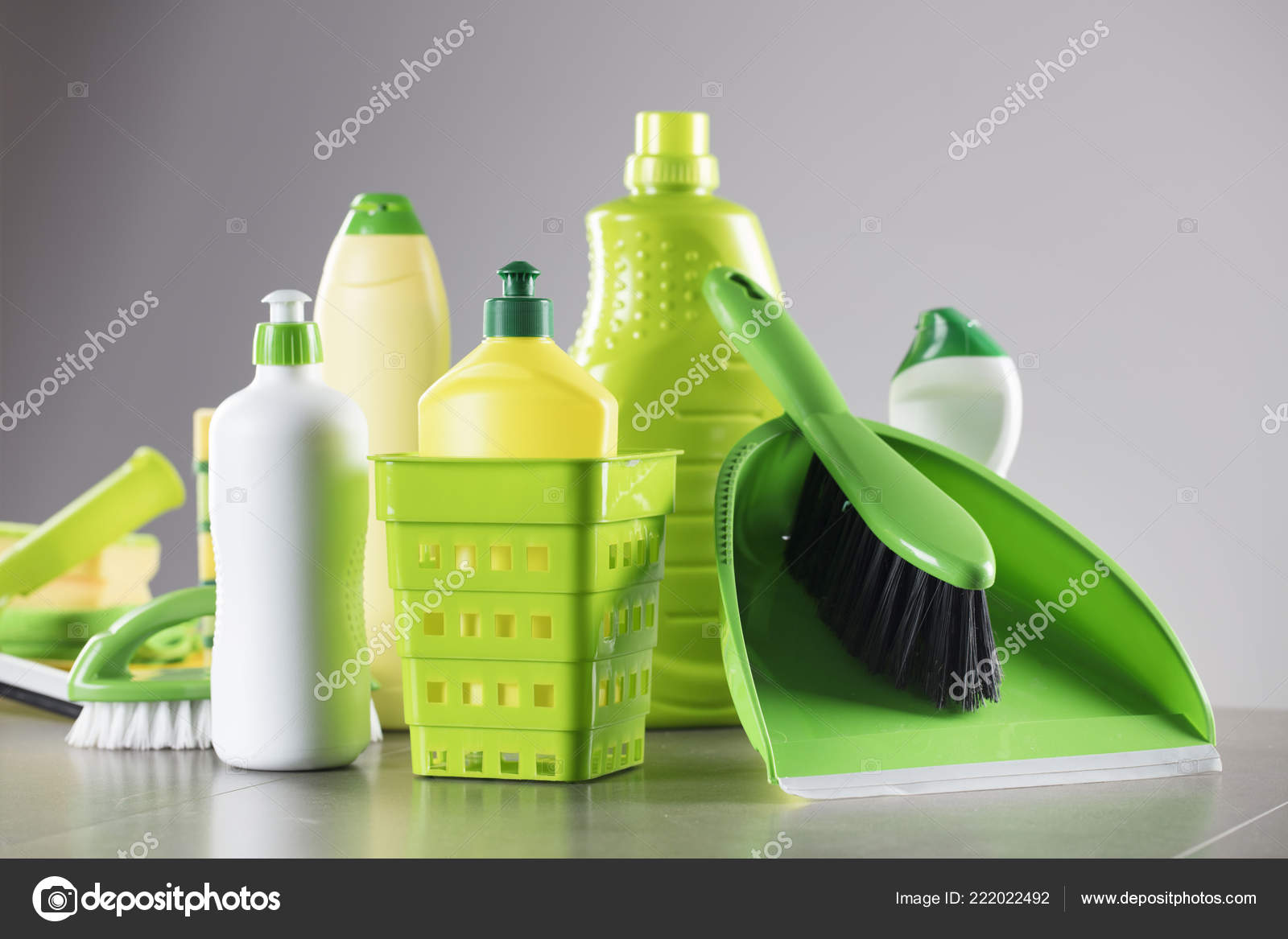 House Office Cleaning Theme Set Colorful Cleaning Products Gray Background  Stock Photo by ©zolnierek 222022492