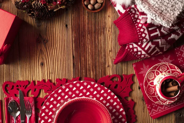 Karácsonyi Díszek Ajándékok Étkészlet Fából Készült Rusztikus Asztal — Stock Fotó