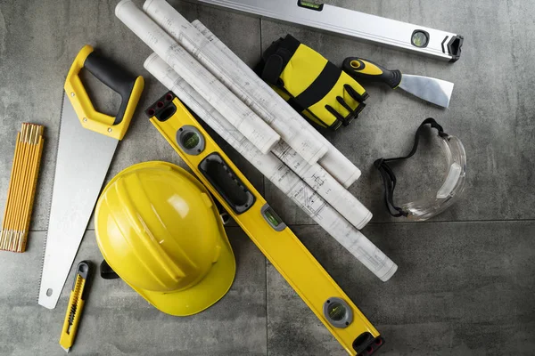 Contractor Theme Rolls Building Projects Tools Crash Helmet Spirit Level — ストック写真