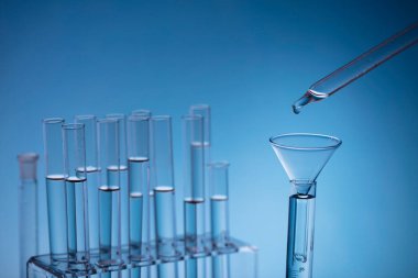 Coronavirus salgını teması. Hızlı covid testleri ve anti-covid aşısıyla ilgili bilimsel araştırma. Mavi arka planda deney tüpleri ve deney tüpleri.