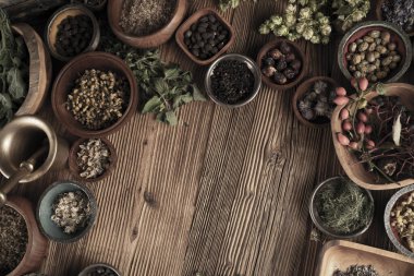 Büyük bir baharat ve bitki koleksiyonu kablar ve kaşıklar halinde soyut bir arkaplan oluşturur.