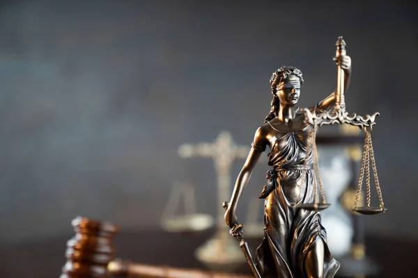 Law Symbols Composition Themis Statue Judges Gavel Scale Justice Shining — Stock Photo, Image
