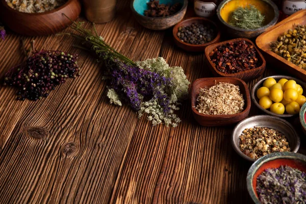 Natural Medicine Background Assorted Dry Herbs Bowls Brass Mortar Rustic — Stock Photo, Image