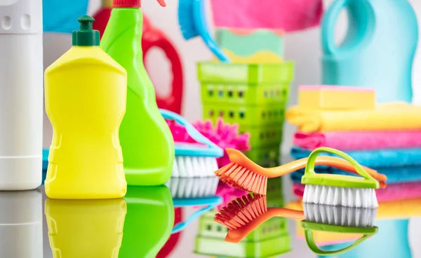 House Office Cleaning Theme Colorful Cleaning Kit Glass Table — Stock Photo, Image