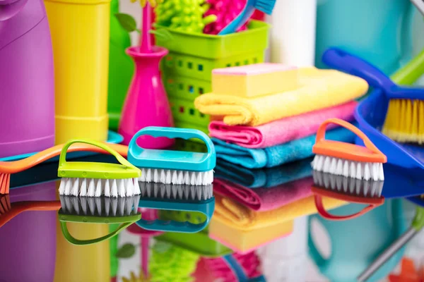 House Office Cleaning Theme Colorful Cleaning Kit Glass Table — Stock Photo, Image