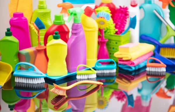 House Office Cleaning Theme Colorful Cleaning Kit Glass Table — Stock Photo, Image