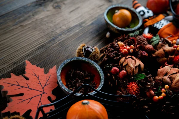 Halloween Thema Decoraties Bereid Voor Halloween Rustieke Houten Tafel Plaats — Stockfoto