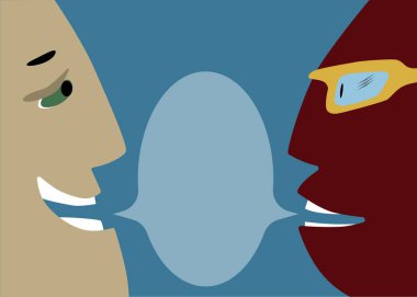 yarım yüz. ağız açık. büyük konuşma balonu. olumlu ruh hali, Katmanlar içinde neşeli communication.spread. Baskı, reklam, Web siteleri için
