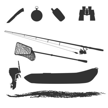 Siluetleri aktif bir yaşam tarzı için kümesi. Arkadaş iyi şirket turizm ve Doğa gezileri için. Bobin ve Kancalı baubles dön. Stilize dalga su. Balıkçılar ve salonu için .