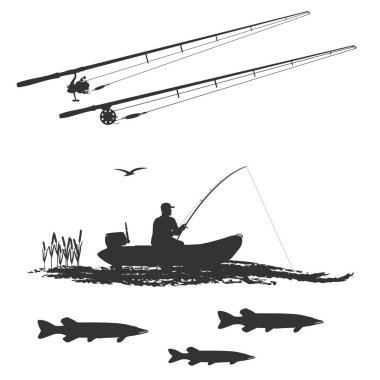 Pike ve balıkçı bir lastik botla, stilize dalga balık. İplik elinde tutar. İki iplik ayrı. Beyaz arka plan üzerinde izole.