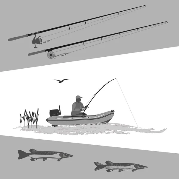 Ψάρια Τούρνα Και Ψαρά Μια Λαστιχένια Βάρκα Στυλιζαρισμένη Κύμα Νηματοποίηση — Διανυσματικό Αρχείο