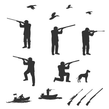 Bir insan Dizimin üstüne anlamına gelir ve bir tüfek ateş. Yakınlarda bir köpektir. Farklı bir konumda bir motorlu lastik tekneler. Beyaz arka plan üzerinde izole.