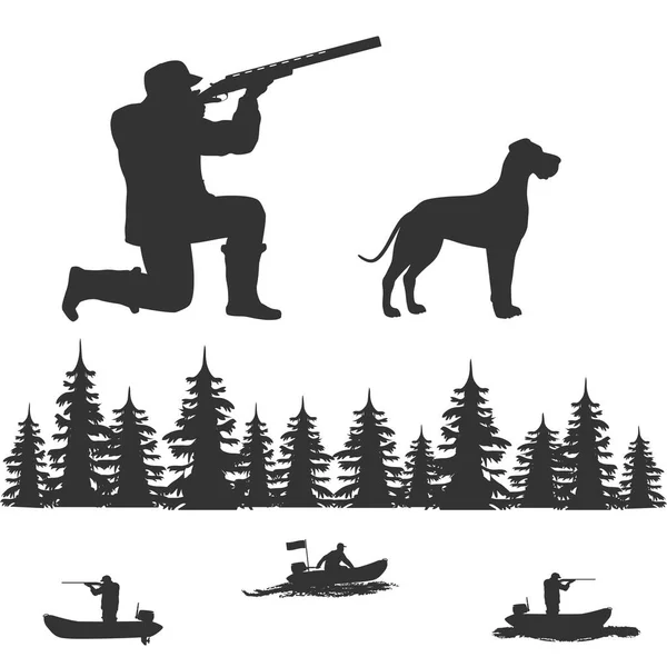 Человек Стоит Одном Колене Стреляет Винтовки Рядом Собака Резиновые Лодки — стоковый вектор