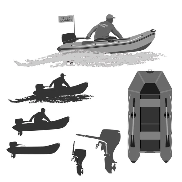 Head Coach Club Fishermen Rides Rubber Boat Motor Set Silhouettes — Stock Vector