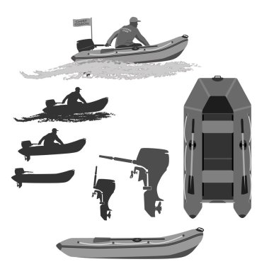koçu club balıkçıların siluetleri motor.set ile bir lastik tekne rides. Tamamen vektör çizim