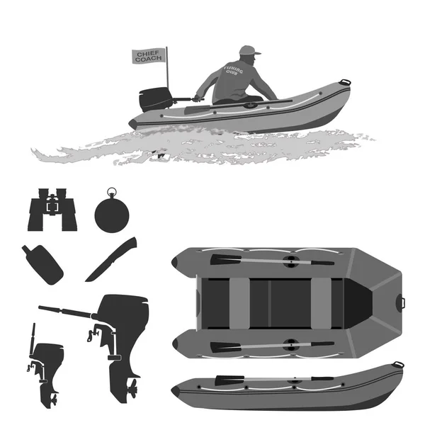 Главный Тренер Клуба Рыбаки Едут Резиновой Лодке Моторизированным Набором Силуэтов — стоковый вектор