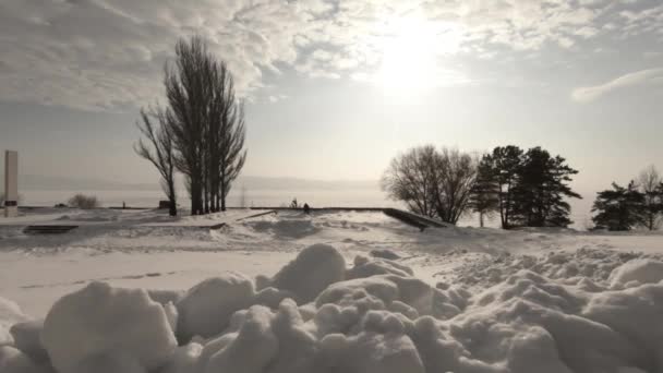 Horisonten Bergen Och Frusna Floden Genomsnittet Hög Poppel Förgrunden Snö — Stockvideo