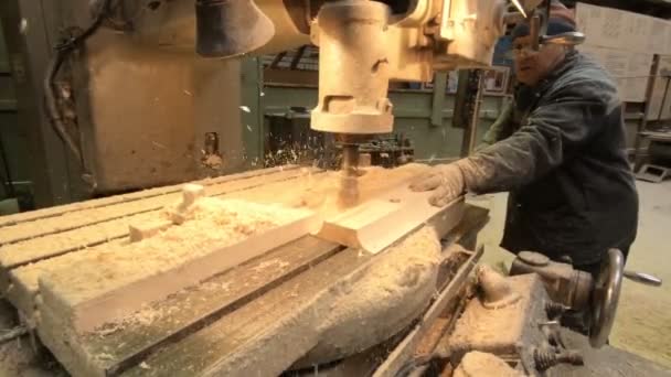 Çalışan Adam Eski Makinenin Üzerine Kurulu Yayar Uçan Talaşlar Ağaçtan — Stok video